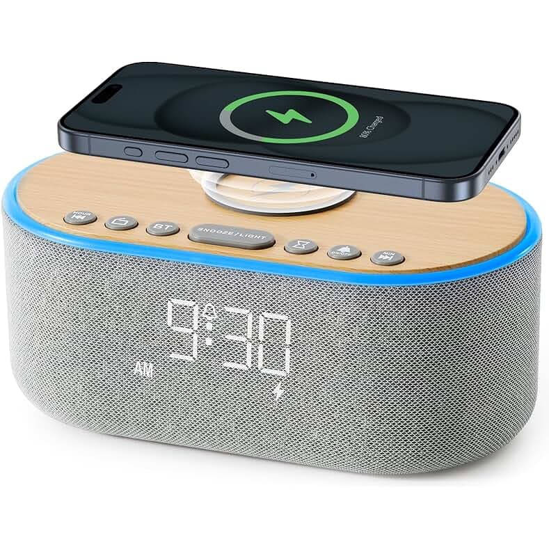 uscce Alarm Clock Bluetooth FM Radio: 10W Stereo Sound Speaker - Fast Wireless Charging for iPhone Samsung - Dimmable Clock Radio for Bedroom