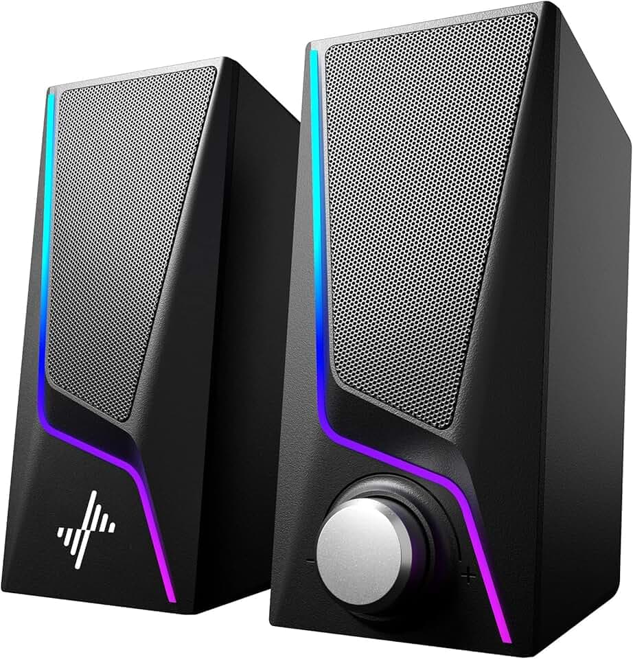 Computer Speakers, PC Speakers with 6 Lighting Modes, USB Powered Computer Speakers for Desktop Monitor with 2 Bass-Boost Ports, 2 Speaker Units, and 3.5mm Aux-in Cable for PC, Laptop, Tablet, Phone