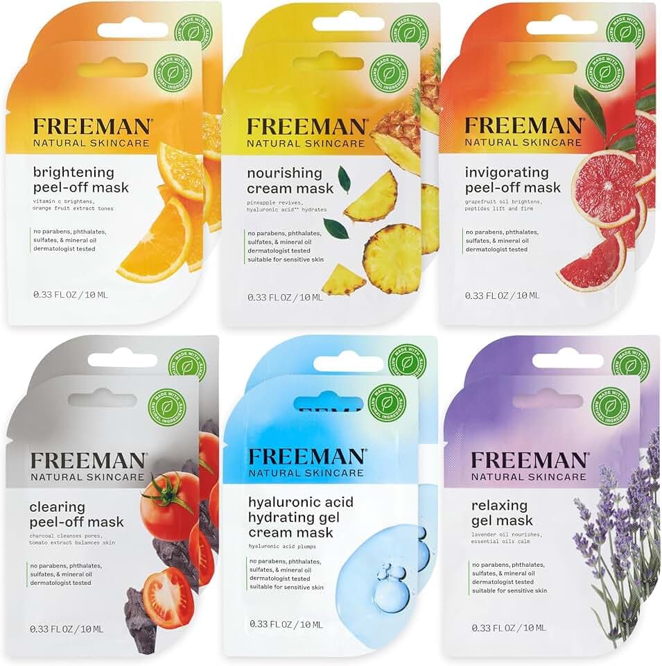 Freeman Naturals Facial Mask 12 Piece Variety Bundle, Peel-Off, Gel & Cream Face Masks, Hydrating, Brightening, & Nourishing Skincare, Natural Ingredients, Travel Size, 0.33 fl. oz./10 ml Sachets