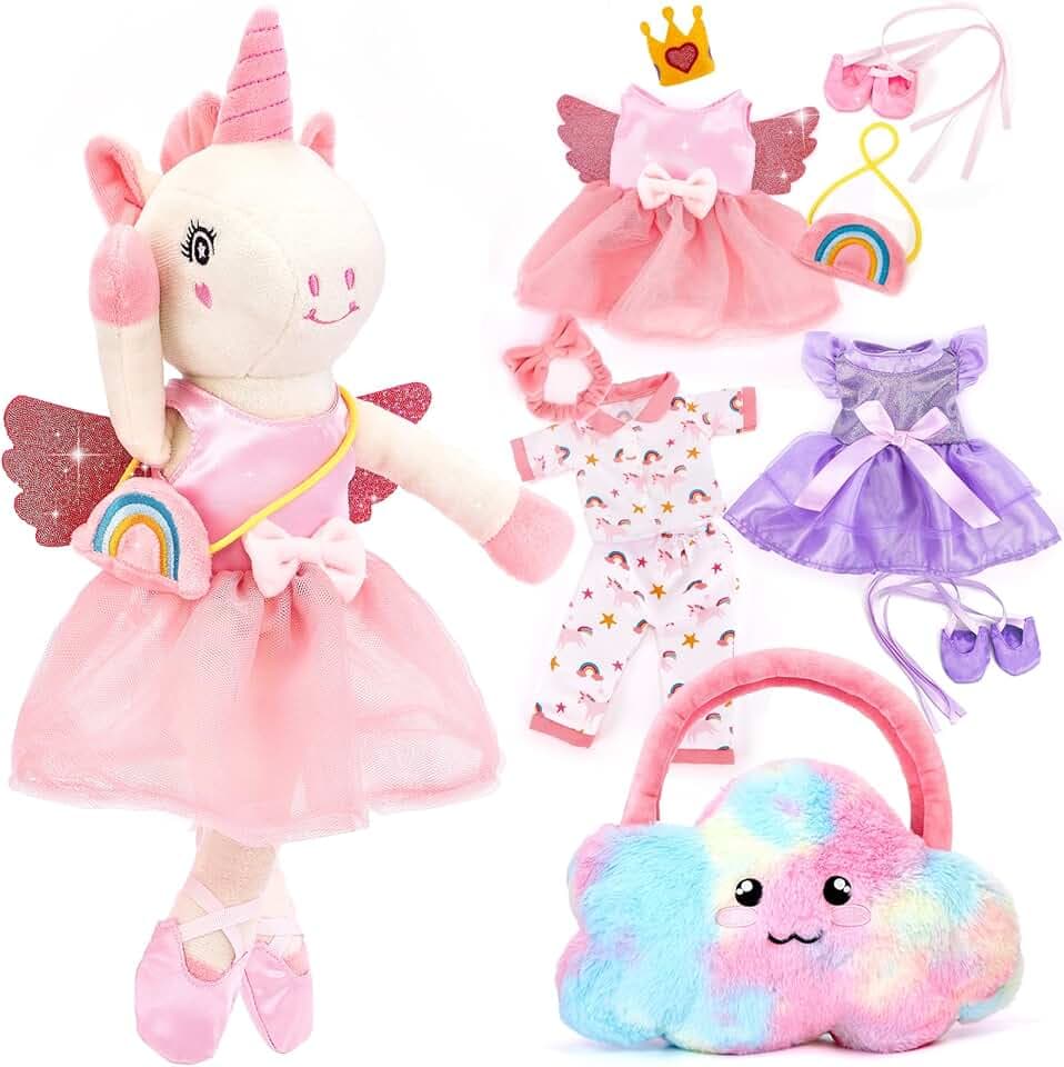 Unicorns Toys for Girls Age 4-6 - Ballerina Doll Stuffed Animal Girl Toys Age 4-5, Ballet Dress up Doll, 3 Set Clothes with Plush Bag, 4 Year Old Girl Birthday Gifts Ideas, Travel Plush Toy 5 Year Old