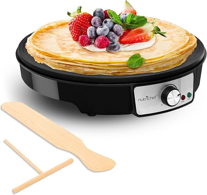 Nutrichef Electric Crepe Maker & Griddle Cooktop - Nonstick 12 Inch Aluminum Hot Plate with LED Indicator Lights & Adjustable Temperature Control - Wooden Spatula & Batter Spreader Included