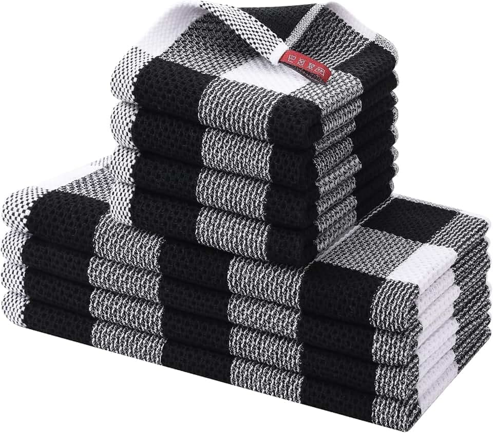 Homaxy Kitchen Towels and Dishcloths Set, 12 x 12 and 13 x 28 Inches, Set of 8 100% Cotton Waffle Weave Check Plaid Kitchen Dish Towels, Super Soft and Absorbent Dish Cloths, White & Black