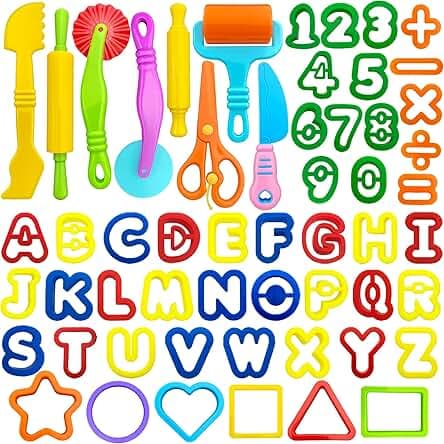 Playdough Tools 55 PCS Play Dough Tools Set for Kids, Play Dough Accessories Plastic Playdough Alphabet Numbers Shapes Cutters,Playdough Rollers,Scissors