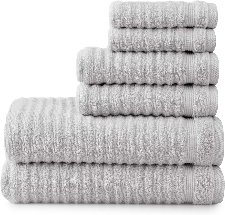 Martha Stewart 100% Cotton Bath Towels Set of 6 Piece, 2 Bath Towels, 2 Hand Towels, 2 Washcloths, Quick Dry Towels, Soft & Absorbent, Bathroom Essentials, Towel Sets for College Dorm, Textured Gray