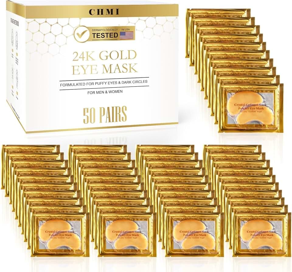 CHMI Under Eye Patches (50 Pairs) - 24K Gold Eye Patches for Puffy Eyes, Dark Circles, EyeBags and Wrinkles, Collagen Skin Care Products, Beauty & Personal Care