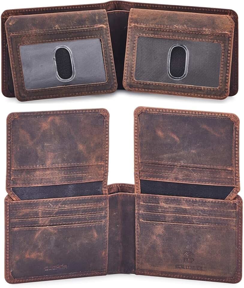 Mens Wallet Real Leather Bifold RFID Blocking High Capacity Card Case with 2 ID Window in Gift Box (Crazy Horse, Cognac)