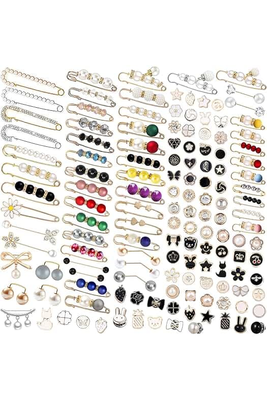 145 Pcs Brooch Pins, Sweater Shawl Hat Clip Neckline Pins Double Faux Pearl Brooches for Women Fashion Cover Up Buttons Clothing Dress Decoration Accessories Pant Waist Tightener Safety Pins
