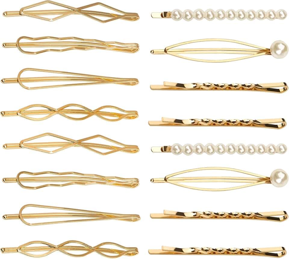16 Pieces Geometric Metal Hair Pins, Pearls Hair Clips Elegant Hair Barrettes Bridal Gold Metal Bobby Pins Dainty Embellished Bobby Pins for Woman and Girls