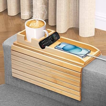 Bamboo Couch Armrest Table, Couch Arm Tray with Removable Couch Cup Holder, 2 in 1 Design Foldable Anti-Slip Bamboo Sofa Arm Tray for Remote Controls, Phones, Cups and Snacks