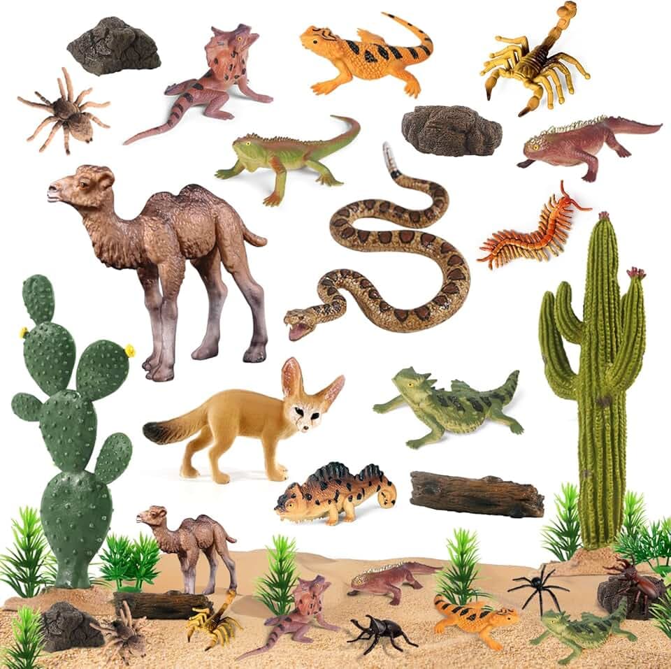 SIENON 32Pcs Desert Animal Figurines Set Model Trees Cactus Kit Desert Diorama Project with Camel Fennec Fox Rattlesnake Scorpion Lizard Reptile Toy Playset for Kids Birthday Cake Toppers Party Décor