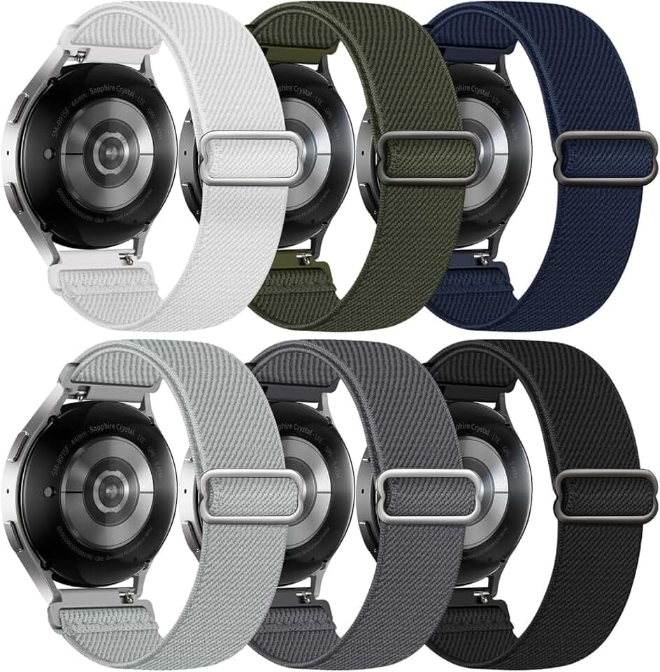 6 Pack Stretchy Bands Compatible with Samsung Galaxy Watch 7 6 5 4 40mm 44mm/Galaxy Watch 6 4 Classic 42mm 46mm 43mm 47mm/Galaxy 5 Pro 45mm/Active 2, 20mm Elastic Nylon Sport Strap for Men Women