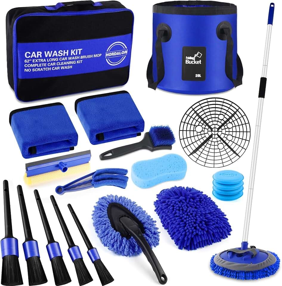 21Pcs Car Wash Kit,62" Car Wash Brush Mop with Long Handle,Car Cleaning Kit,Car Detailing Brush Set,Car Wash Bucket with Filter,Windshield Window Squeegee for Cars RV Truck Boat
