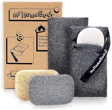myHomeBody Soap Pocket Exfoliating Pouch, Body Scrubber Sponge, Exfoliator for Bath, Shower or Leftover Bits Saver, Graphite Gray, 2 Pack + 2 Lift Pads