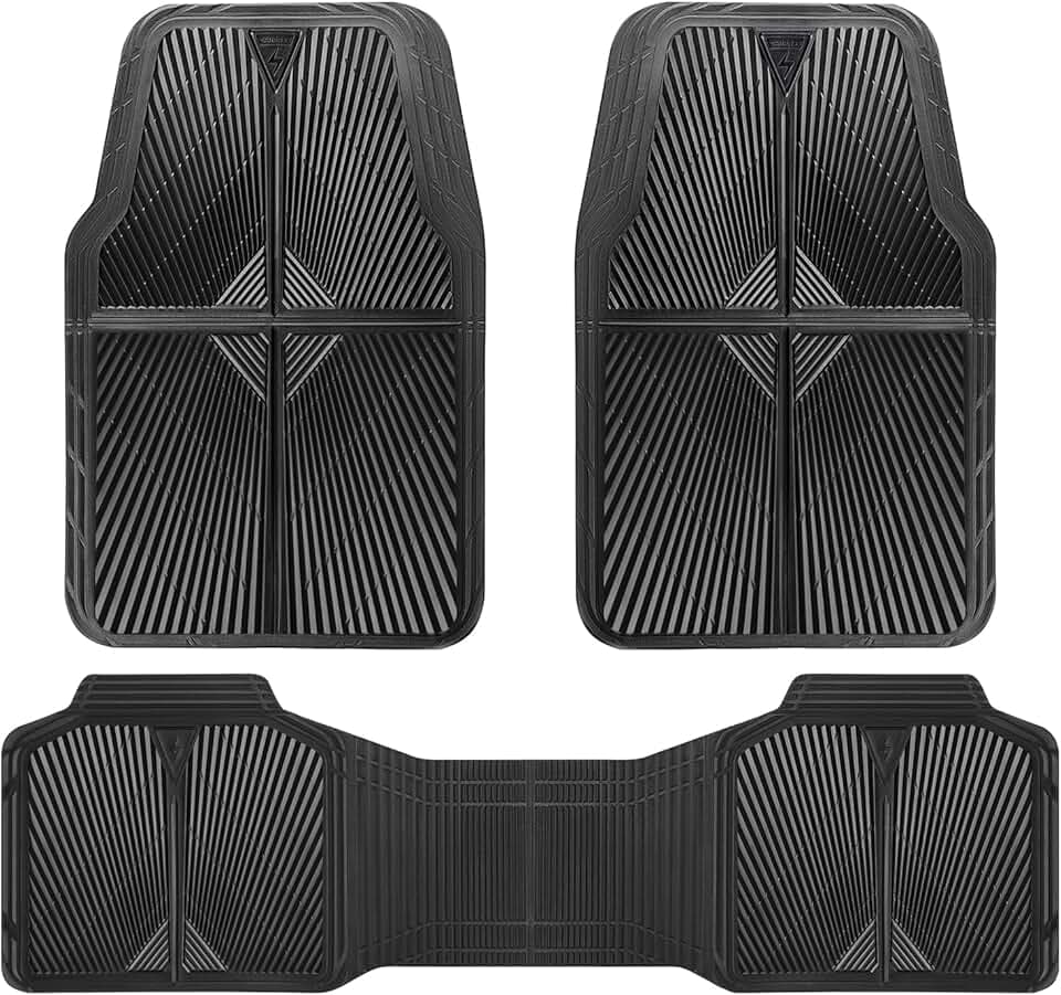 CAR PASS Rubber Floor Mats, All Weather Waterproof Trim-to-Fit Automotive Mats for Cars Trucks SUV, Anti-Slip Easy Clean, Heavy Duty Full Set 3-Piece, All Black
