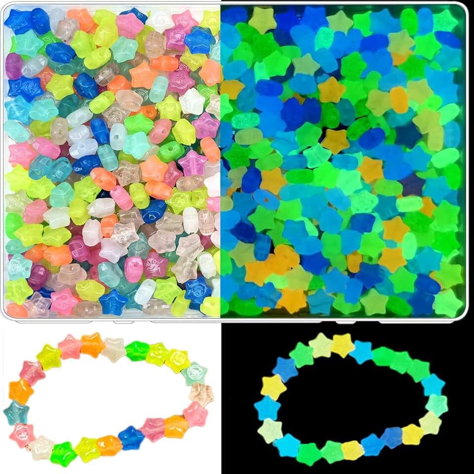 500Pcs Glow in The Dark Beads, Glowing Solar Luminous Star Smile Face Beads Mixed Acrylic UV Beads Color Changing Bracelet Beads Sun Sensitive Plastic Glow Beads Bulk for Jewelry Making Bracelets