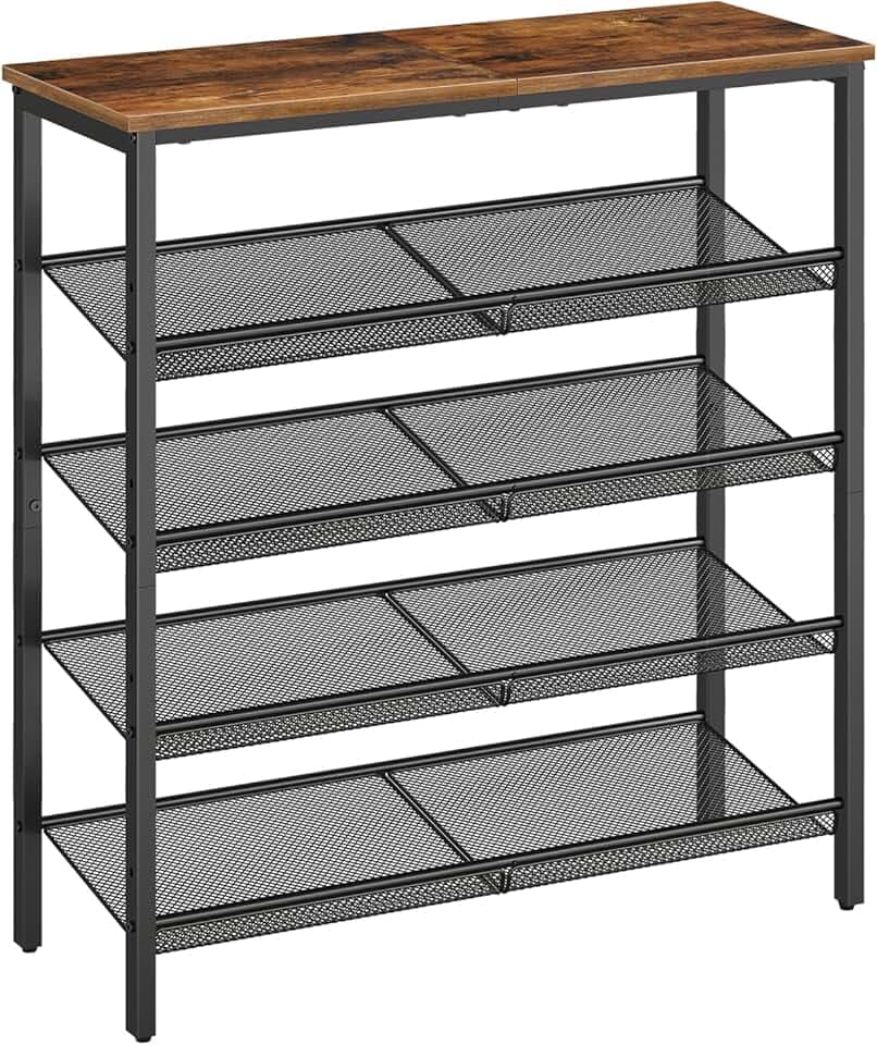 HOOBRO Shoe Rack for Entryway, 5-Tier Shoe Organizer with Adjustable Mesh Shelves, 16-20 Pairs of Shoes, Spacious Floor Mount, Metal, Industrial, Shoe Shelf for Closet, Rustic Brown BF12XJ01