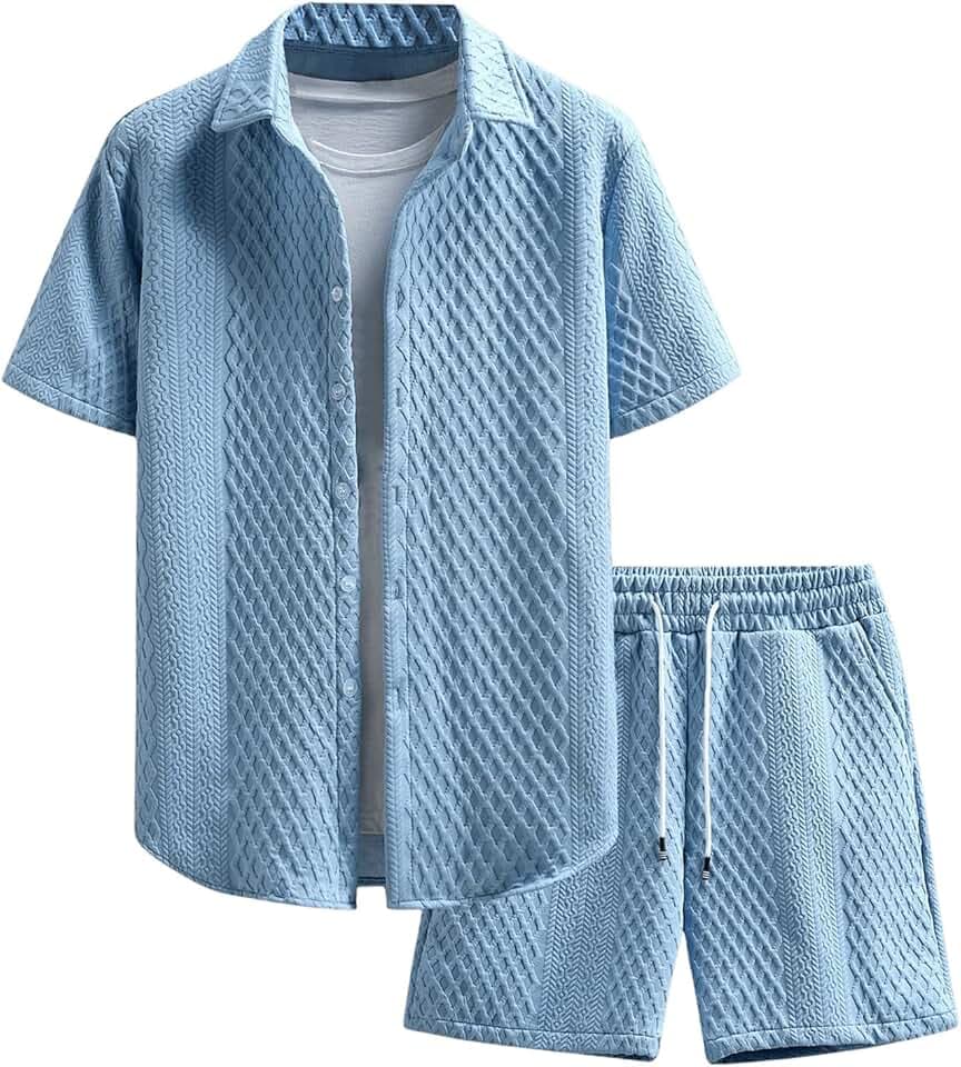 GORGLITTER Men's 2 Piece Outfits Waffle Knit Button Down Shirt Top and Shorts Set