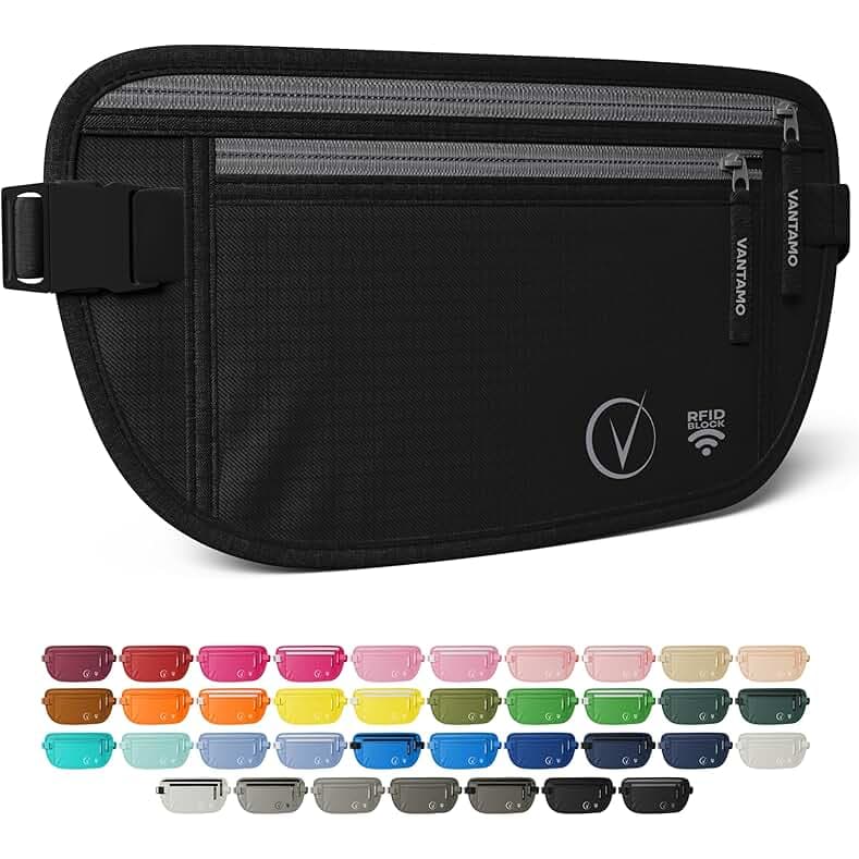 Vantamo Hidden Money Belt For Extra Safety, RFID Ultra-Thin Fanny Pack, 2 Compartment Money Bag Fits Passport & Phone