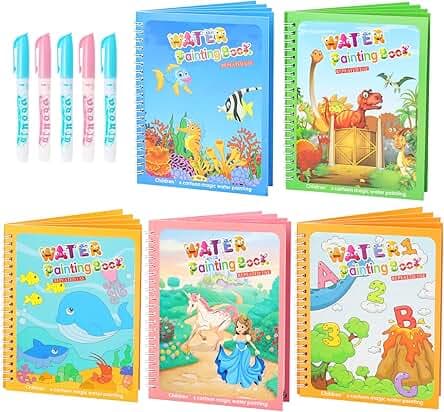 5 Pack Reusable Water Coloring Book for Toddlers, Water Doodle Book Toys, Paint with Water Books,Mess-Free Coloring Book, Portable Educational Doodle Drawing Toy, Educational Learning Kits Gifts