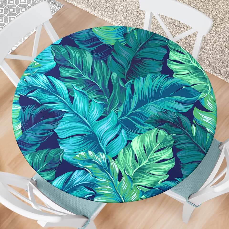 Round Fitted Tablecloth with Elastic Edge Indoor Outdoor Washable Reusable Table Cover for Kitchen Picnic Party Fits 48-52" Diameter Round Tables