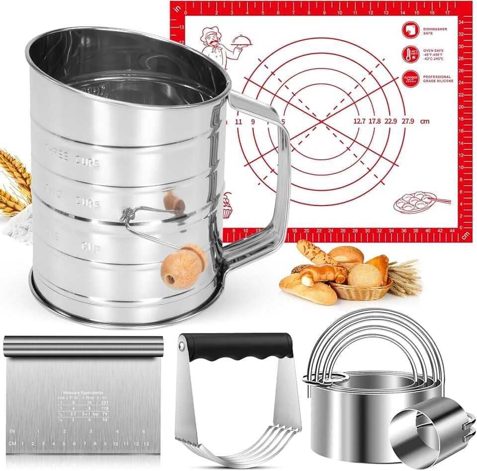 9PCS Stainless Steel Pastry Blender Set, 3 Cup Flour Sifter, Biscuit Cutter, Pastry Cutter, Dough Cutter, Silicone Baking Mats, for Cooking Cookies and Donuts, Cakes, Biscuits or Making Pancakes