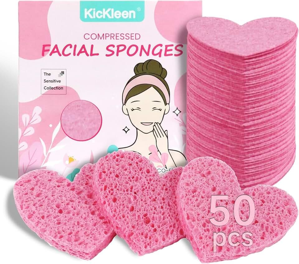50-Count Kickleen Compressed Cellulose Heart Shape Facial Sponges | Natural Cosmetic Spa Sponges for Facial Cleansing | Exfoliating | Makeup Mask Removal | Reusable | Skin Massage (50 Count (Pink))
