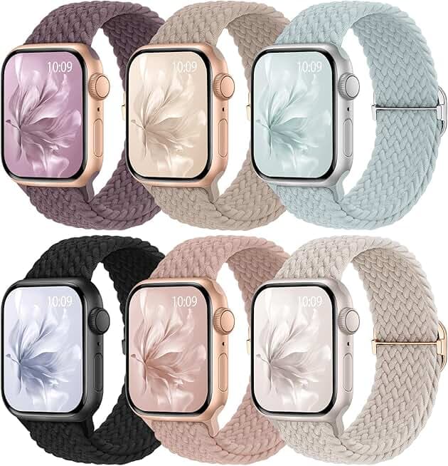 6 Pack Braided Stretchy Bands Compatible with Apple Watch Band 38mm 40mm 41mm 42mm 44mm 45mm 46mm 49mm Women Men, Adjustable Nylon Solo Loop Elastic Straps for iWatch Series 10 9 8 7 6 5 4 3 SE Ultra