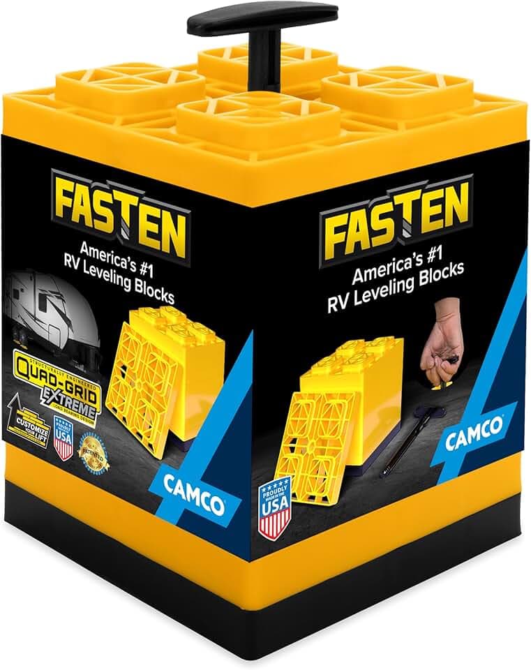 Camco Fasten RV Leveling Blocks - Features Interlocking Design for Customizable Height - Carrying Handle Twists to Secure Blocks for RV Storage - 8.5” x 8.5” x 1”, Yellow, 10-Pack (21022)