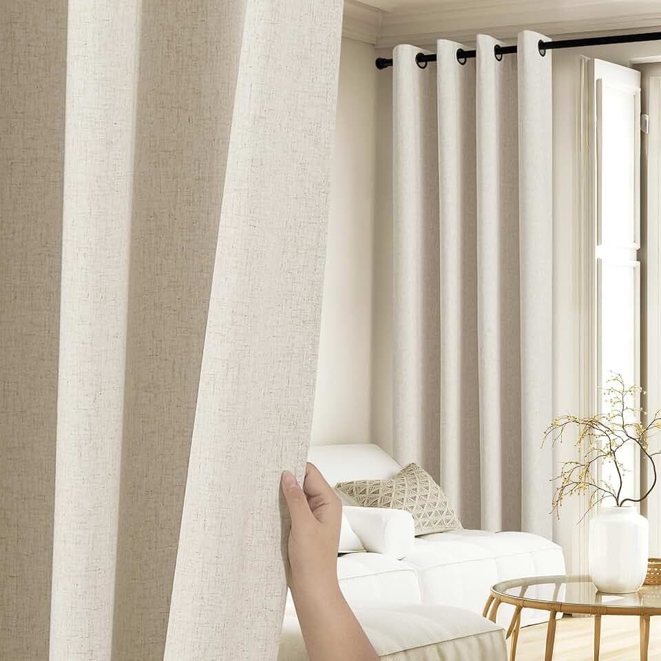NICETOWN Natural 100% Blackout Linen Curtains 84 inch Long Burg for Living Room, 2 Panels, 52" Wide, Farmhouse Thick Completely Blackout Window Treatment Thermal Insulated Warm Drapes for Winter