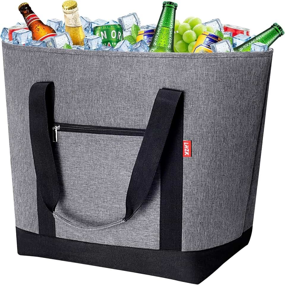 LHZK Jumbo Insulated Cooler Bag with HD Thermal Insulation - Collapsible Waterproof Insulated Tote Bag with Zippered & Handles, Soft Cooler Makes a Perfect Grocery, Beach, Travel, Picnic (50L, Grey)