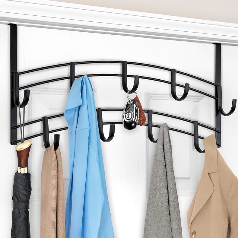 LYNK Professional® Home™ Over Door Hooks Rack - 9 Hook Over Door Hanger - Over Door Towel Rack - Hanging Towels or Clothes - Bathroom, Bedroom or Laundry Room - Lifetime Ltd. Warranty - Black