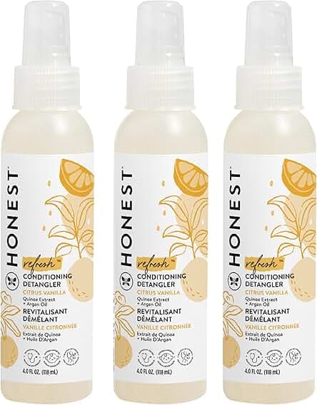 The Honest Company Conditioning Hair Detangler 3-Pack | Leave-in Conditioner + Fortifying Spray | Tear-free, Cruelty-Free, Hypoallergenic | Citrus Vanilla Refresh, 4 fl oz each (pack of 3)