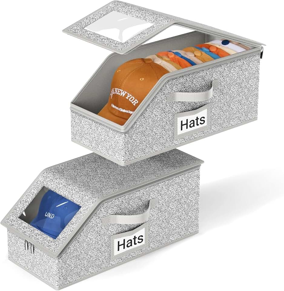 AOODA 2 PCS Stackable Hat Storage for Baseball Caps, Holds up to 24 Caps Hat Organizer for Closet, Sturdy Snapback Boxes for Men with Cardboard, Grey