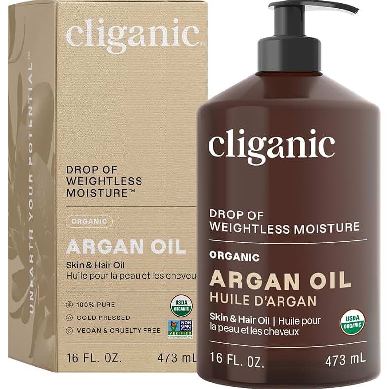 Cliganic Organic Argan Oil 16oz with Pump, 100% Pure | Bulk for Hair, Face & Skin (Packaging May Vary)
