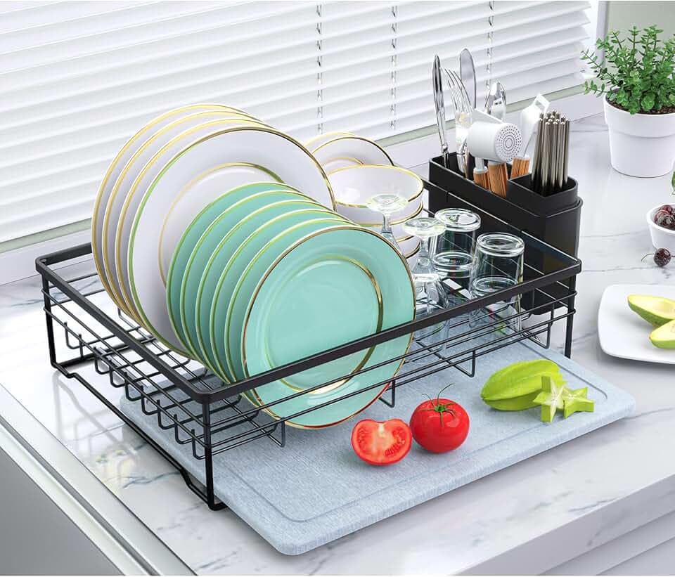 Dish Drying Rack with Stone Drying Mat, Quick-Drying/Stainless/Super Sturdy/Space-Saving, Dish Strainers for Kitchen Counter, Escurridor de Trastes para Cocina (Black)