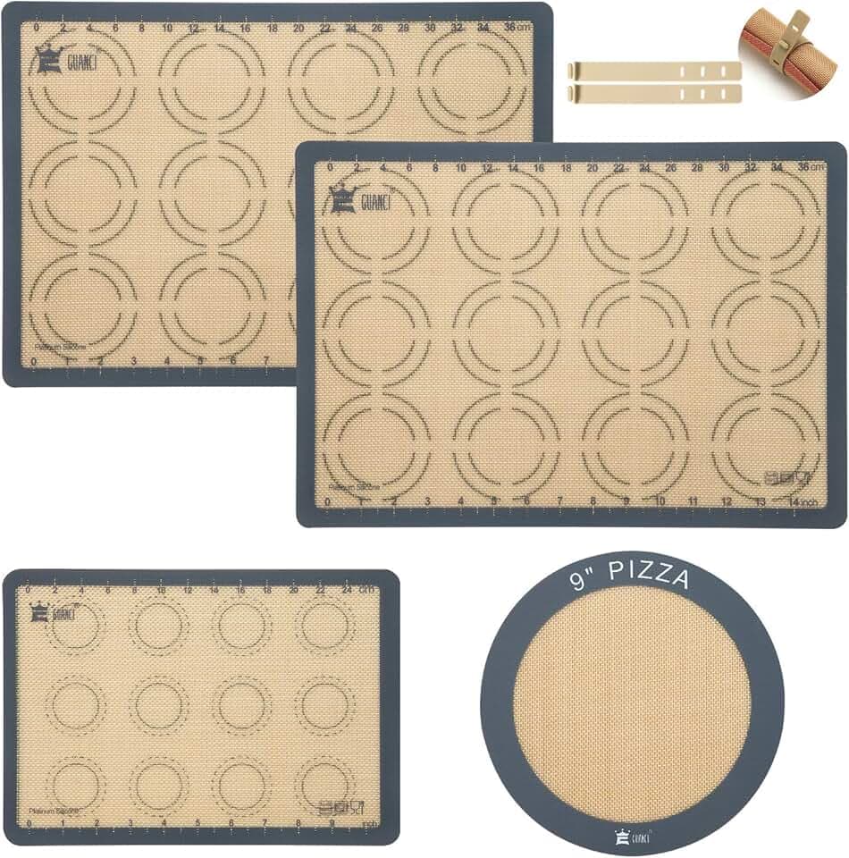 Silicone Baking Mat Set of 4, GUANCI Grade Food Baking mats Non-Stick Reusable Pizza Bakeware Mat for Making Macaroon, Pizza, Cookie, Pastry, Bread, Bun(Grey)