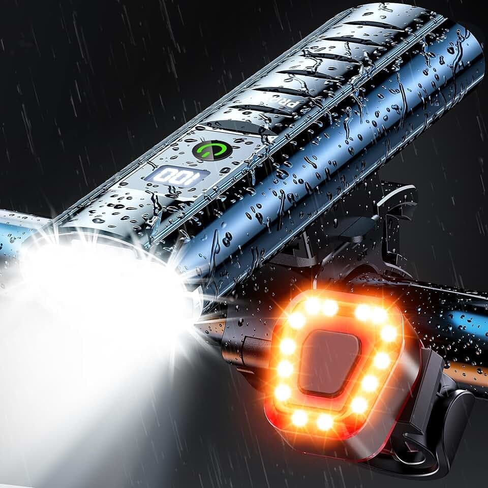 High Lumen Bike Light Set, Prasky Rechargeable Bicycle Lights Front and Rear, Super Bright LED Headlight, IP65 Waterproof Multiple Modes Road Mountain Bike Lights for Night Riding
