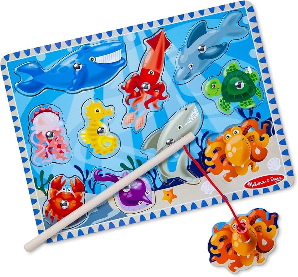 Melissa & Doug Magnetic Wooden Fishing Game and Puzzle With Wooden Ocean Animal Magnets