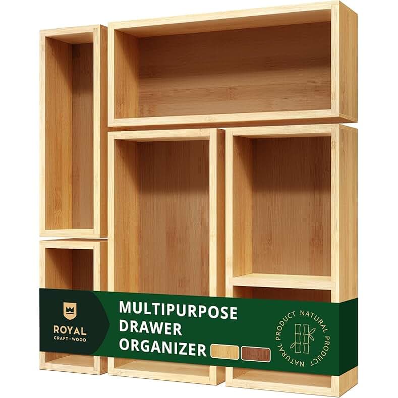 ROYAL CRAFT WOOD 5-Piece Bamboo Drawer Organizer Set – Multi-Use Storage Trays for Kitchen, Bathroom, Office, Makeup, Jewelry & More – Junk Drawer Tray, Utensil Holder, Storage Box & Bin Set (5 Boxes)