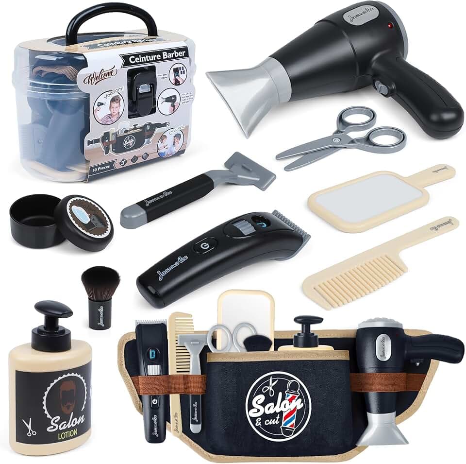 WishaLife Barber Shop Pretend Play Toy with Toolbelt, Kids Shaving Kit for Boys, Haircut Kit for Boys 3+ Year Old Birthday Gift, Hair Salon Toddler Play Set, with Storage Box for Role Play, Black