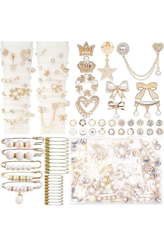 DoDoBeads 60 Pcs Junk Socks Charms Kit, Gold Brooches and Pins for Women, Pearl and Rhinestone Sock Charms with Safety Pins, DIY Accessories for Decorating and Personalizing Socks