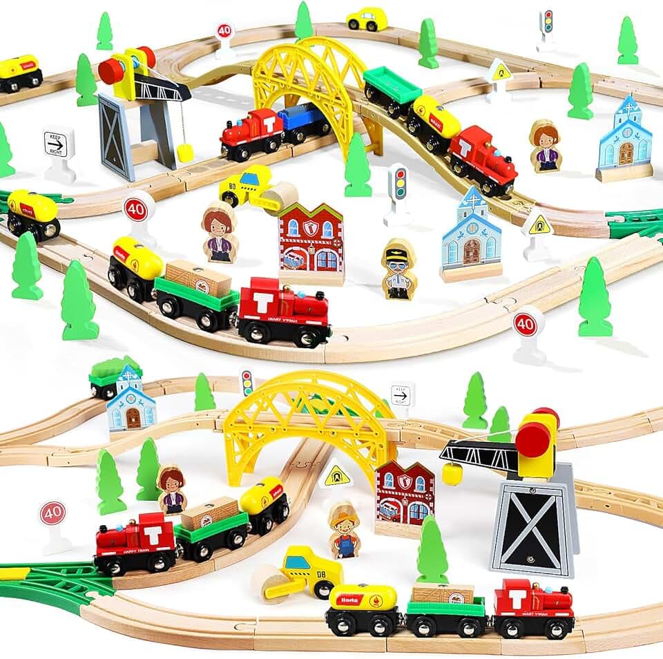 TOY Life Wooden Train Set 60pcs with Magnetic Crane, Wooden Train Tracks Toys for Toddlers Boys Girls 3 4 5, 3 Year Old Boy Gift, Wood Toys Toddler Train for Kids 4-8 - Fits Thomas Brio Chuggington