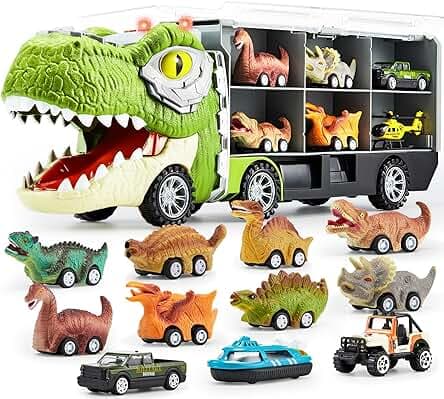 JOYIN 13 in 1 Dinosaur Toys for Kids 3-5, Dinosaur Truck with 12 Pull Back Cars, Small Cars Set, Birthday Gifts Toys for 3 4 5+ Year Old Boy, Transport Carrier Truck for Toddlers 3-4 Years