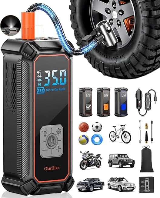 OlarHike Cordless Tire Inflator Portable Air Compressor, 150PSI Dual Power, 5400mAh & 12V DC Auto Air Pump for Car Tires, Motorcycle, Bicycle, Electric Pump with LED Light & Digital Pressure Gauge