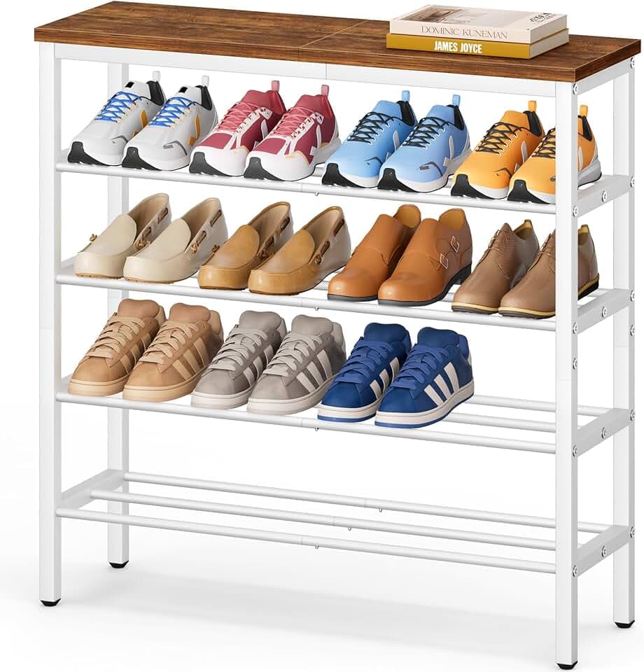 KIMBORA 5 Tier White Shoe Rack for Entryway, Holds 20 Pairs Metal Shoe Rack Organizer for Front Door Entrance with Wooden Top Storage Shelves, Rustic Brown