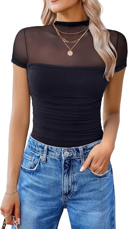 Avidlove Women's Short Sleeve Bodysuit Turtle Neck Body Suits Mesh One Piece Leotard Going Out Tops Date Outfits