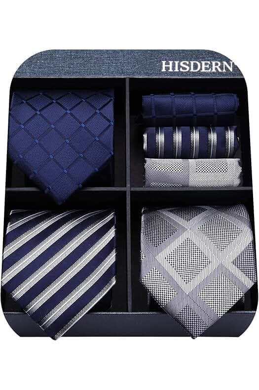 HISDERN Mens Ties and Pocket Square Set Business Elegant Ties for Men Classic Lot 3 Pcs Wedding Party Neckties & Handkerchief
