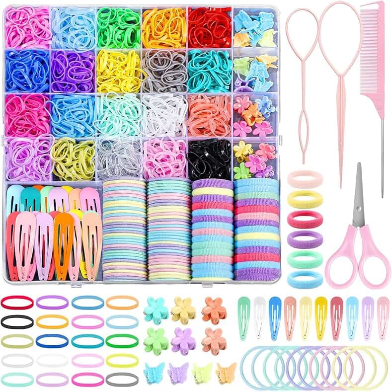 Hair Accessories for Girl, 1543 Pcs Elastic Hair Rubber Bands Set 20 Colors Elastic Hair Ties with Organizer Box Cotton Baby Hair Ties, Hair Tail Tools, Rat Tail Comb, Butterfly Hair Clips