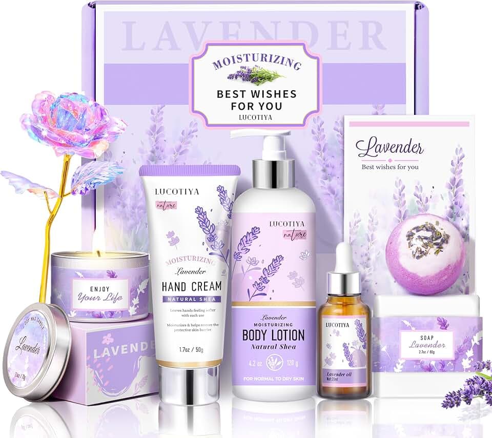 LUCOTIYA Lavender Spa Gift Set for Her,Hand Cream,Lavender Essential Oil,Body Butter ,Lavender Scented Candle,Bath Bombs,Soap