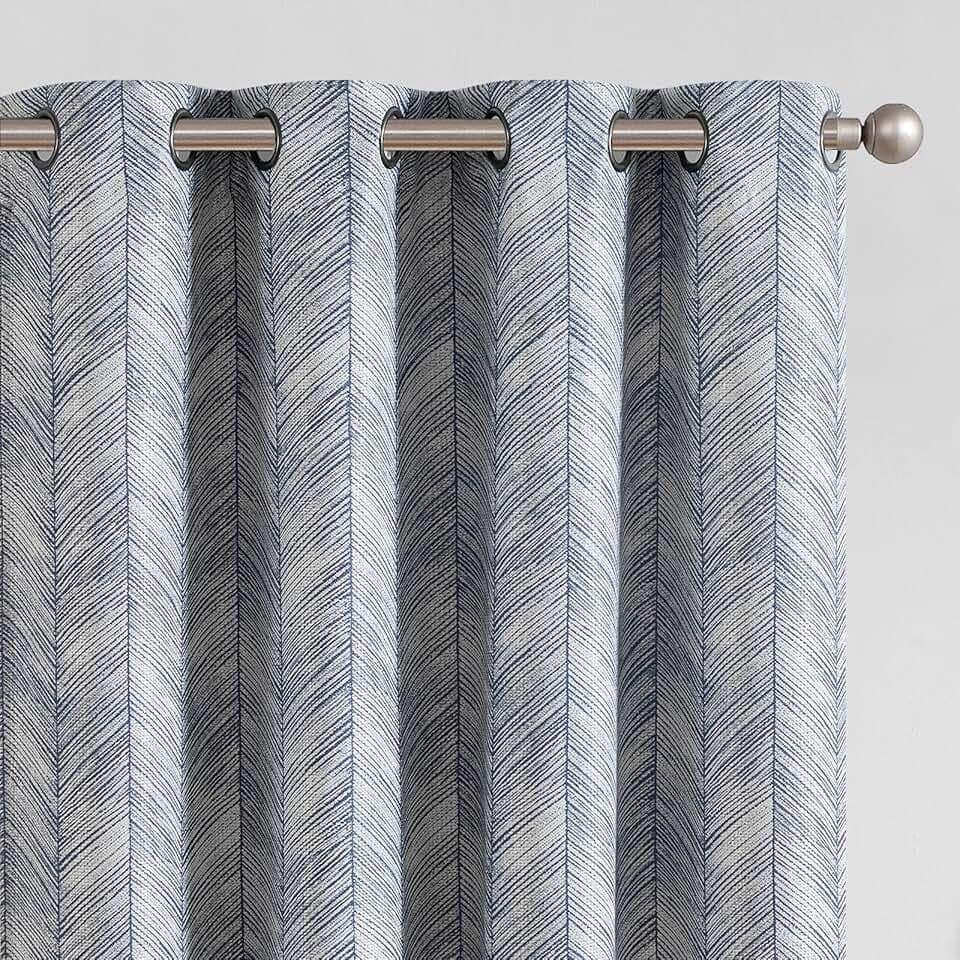 jinchan Blue Printed Curtains 63 Inch Length for Living Room Grommet Jacquard Curtains with Herringbone Pattern Modern Room Darkening Drapes Bedroom Window Curtain Set 2 Panels